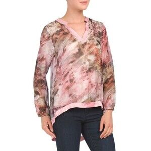 Angela Moda womens Silk Blend Blouse Top sz XL Pink Print Long Sleeve from Italy